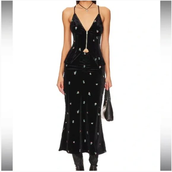 WeWoreWhat Embroidered Velvet Ruched Midi Skirt and Peplum...